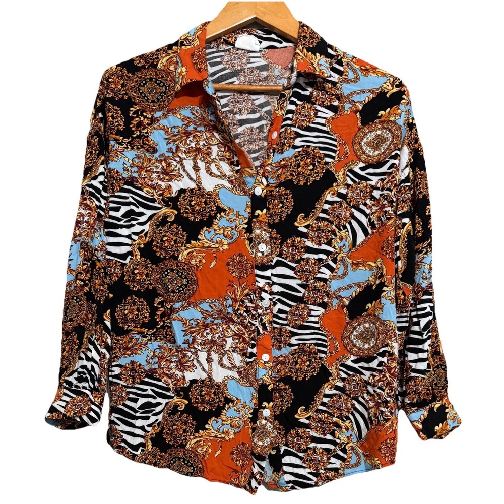 Silk & Salt Women's Blouse Top Button Up Shirt Medium Artsy Colorful Art To Wear